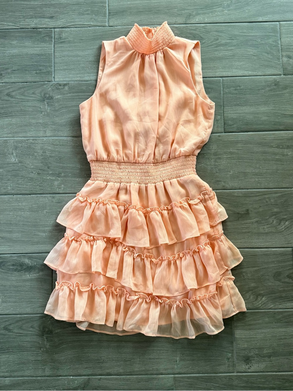 Express Peach Ruffle Tiered Dress - Sleeveless, Smocked Waist, Party, Holiday